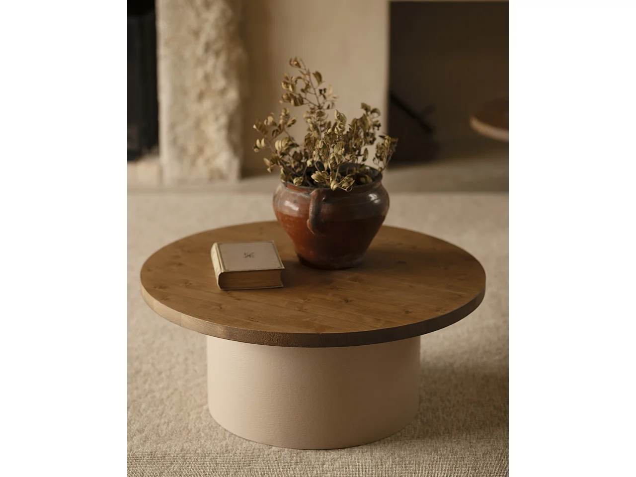 Tavolino rotondo in legno marrone e gamba microcemento terra 80x33cm