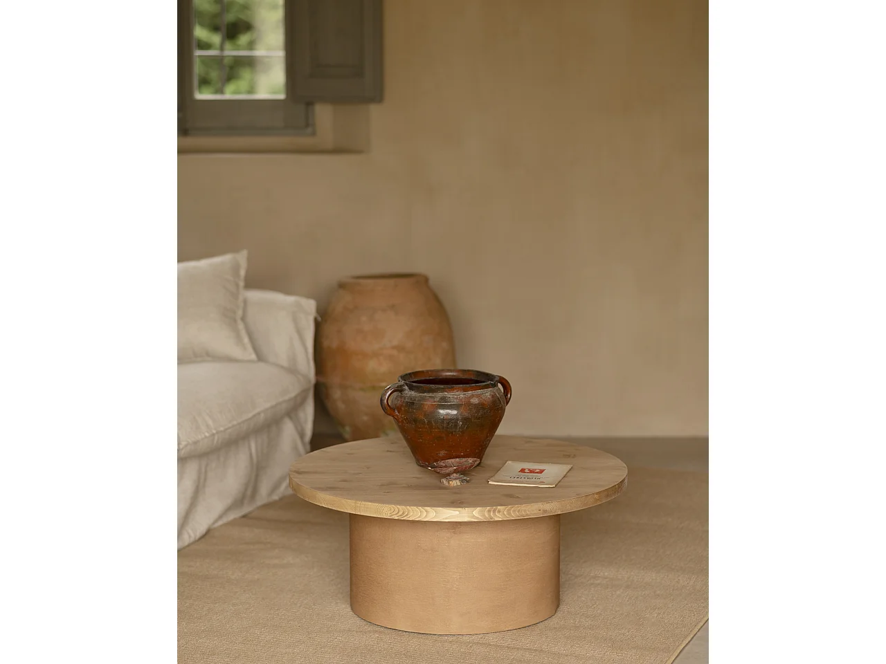 Tavolino rotondo in legno marrone e microcemento terracotta 80x33cm