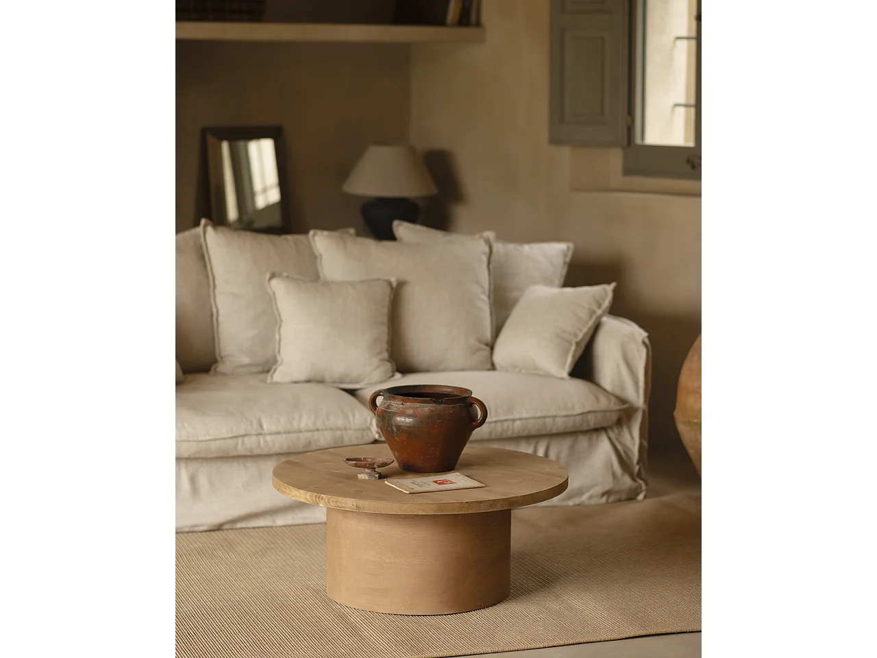 Tavolino rotondo in legno marrone e microcemento terracotta 80x33cm