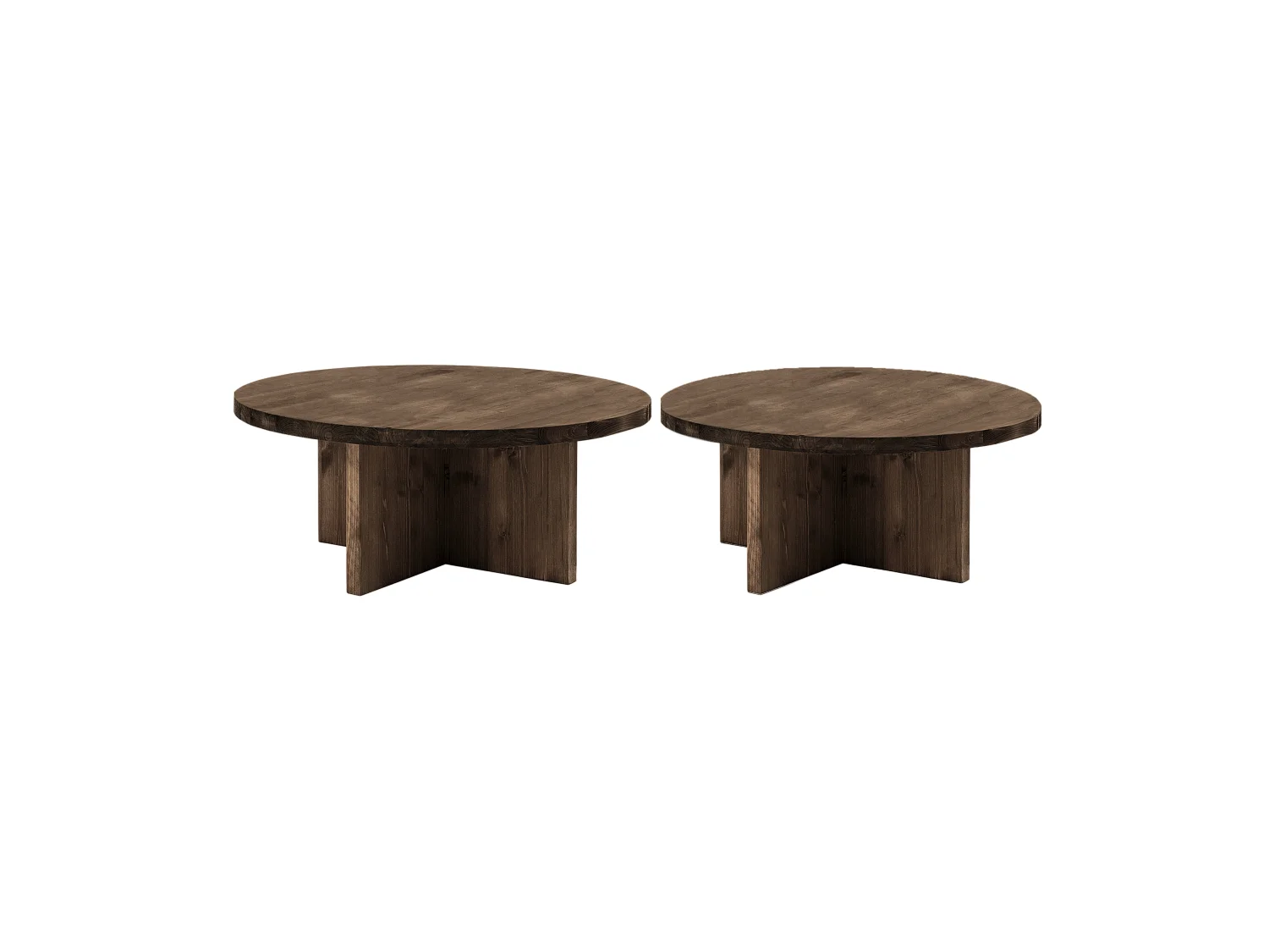 Kit de 2 mesas de centro redondas de madera de abeto Decowood en color nogal de Ø60cm - TOKYO y Ø80cm - TOKYO - DECOWOOD