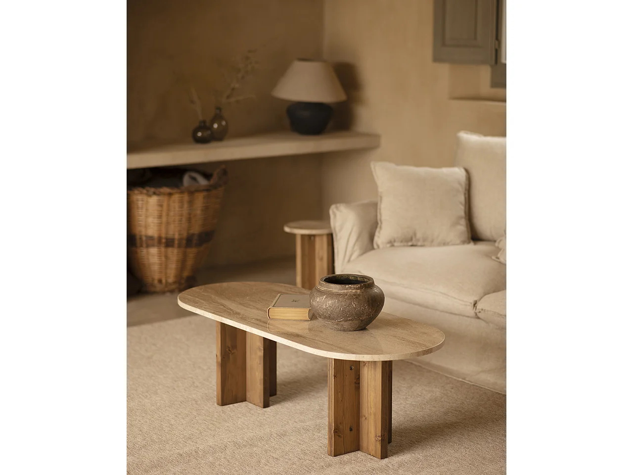 Table basse en marbre daino reale avec pieds en bois massif de 120x50cm - TOSCANA - DECOWOOD