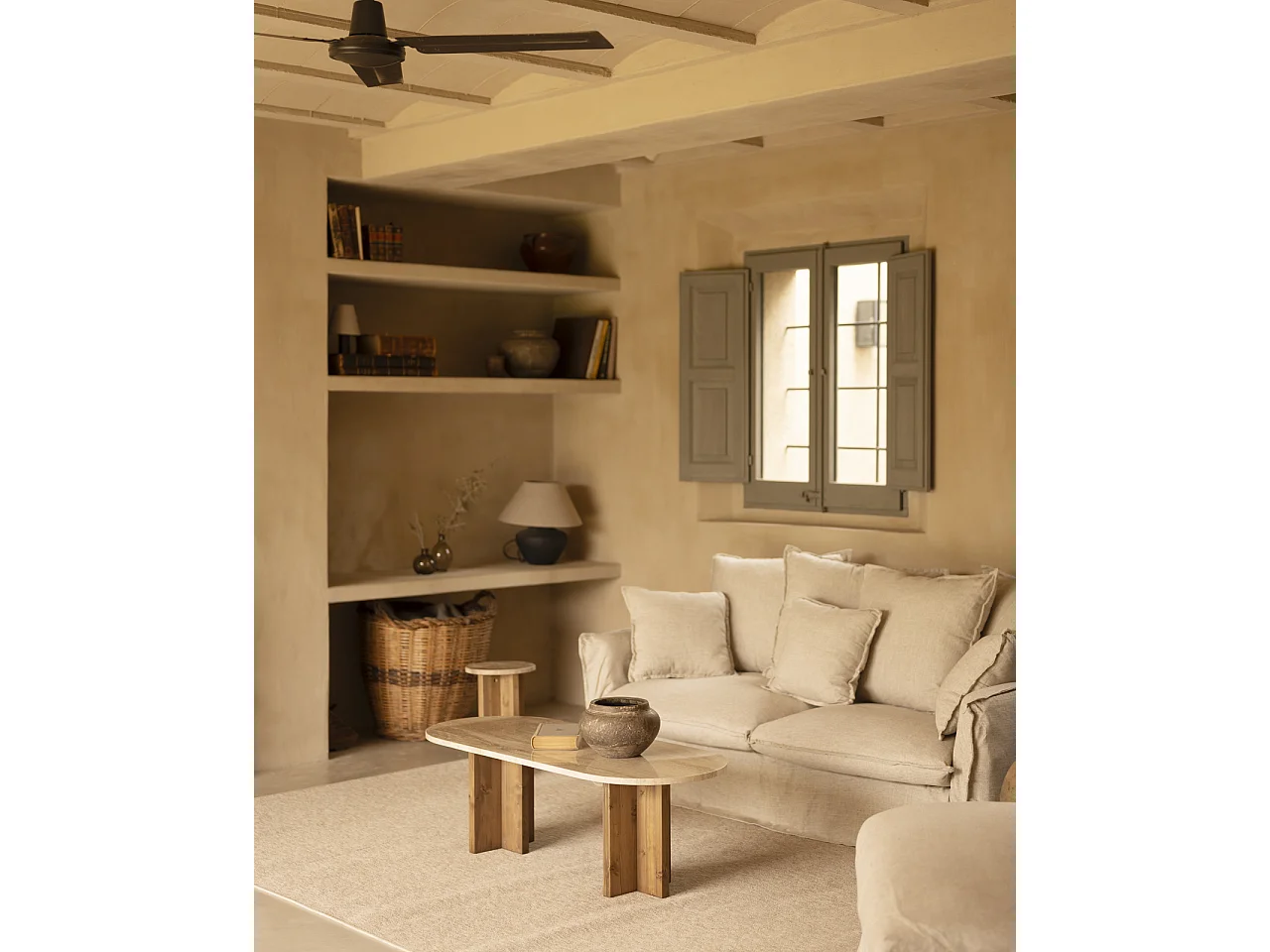 Table basse en marbre daino reale avec pieds en bois massif de 120x50cm - TOSCANA - DECOWOOD