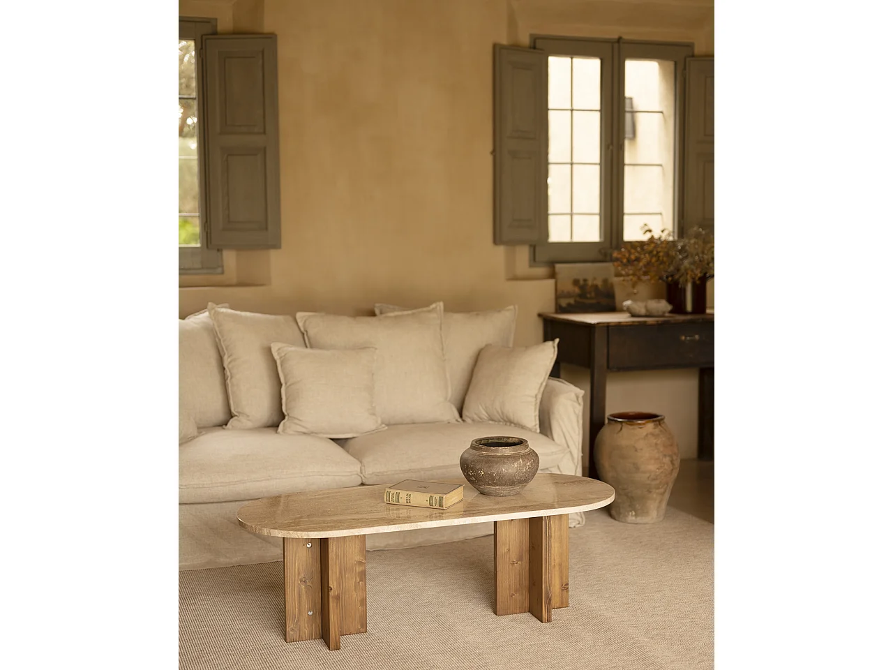 Table basse en marbre daino reale avec pieds en bois massif de 120x50cm - TOSCANA - DECOWOOD