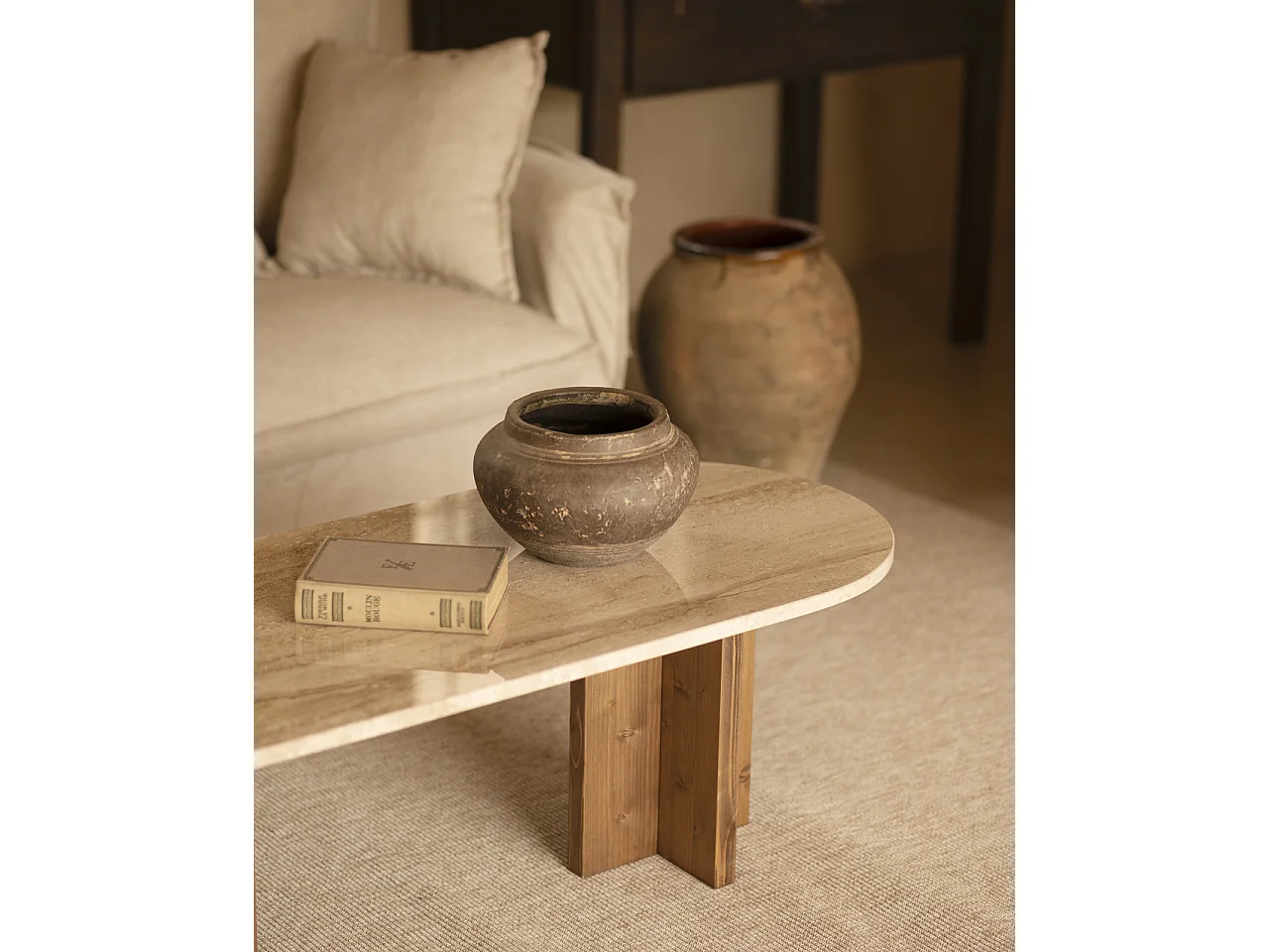 Table basse en marbre daino reale avec pieds en bois massif de 120x50cm - TOSCANA - DECOWOOD