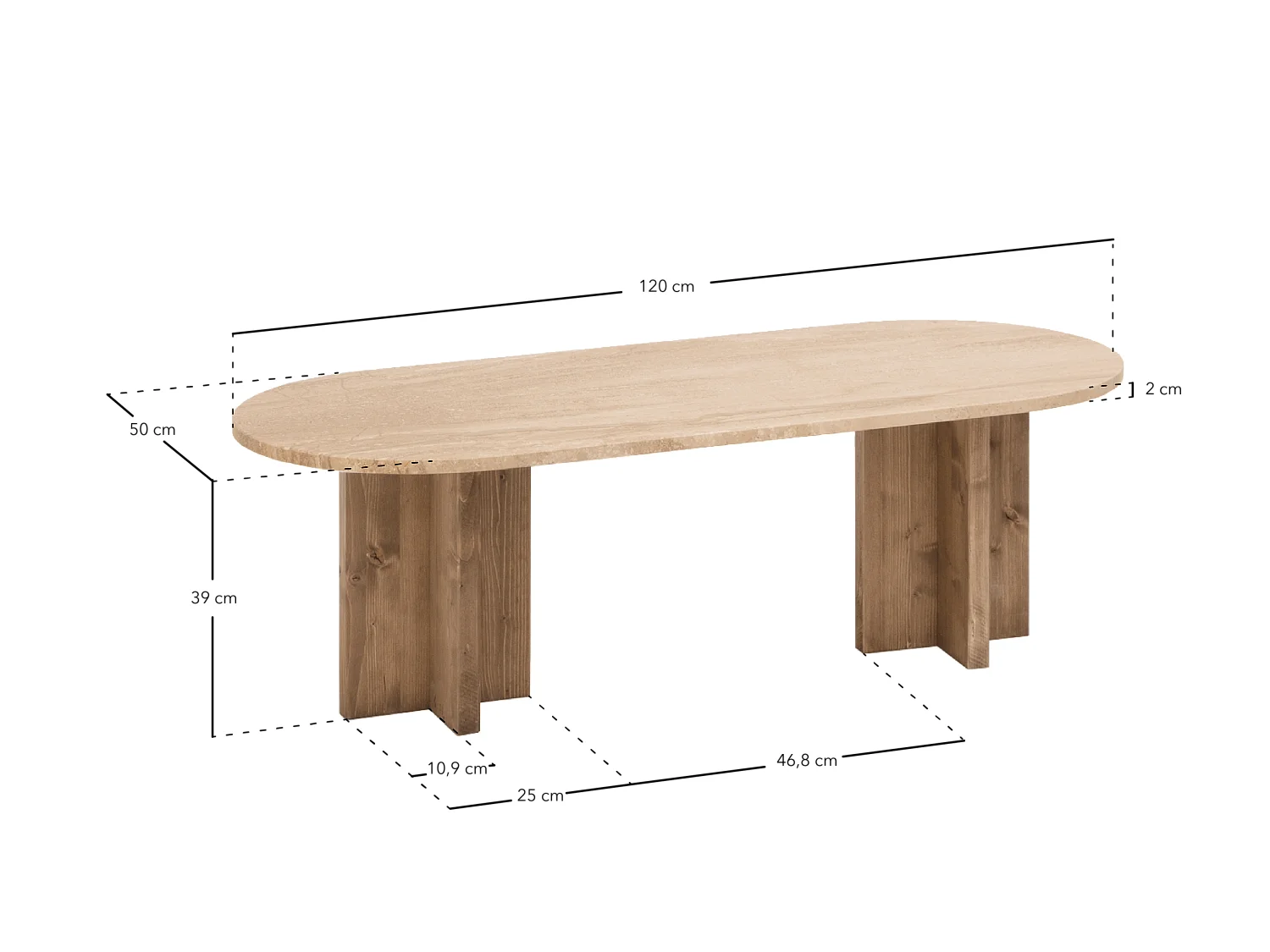 Mesa de centro de mármol daino reale y patas de madera maciza DECOWOOD de 120x50cm - TOSCANA - DECOWOOD