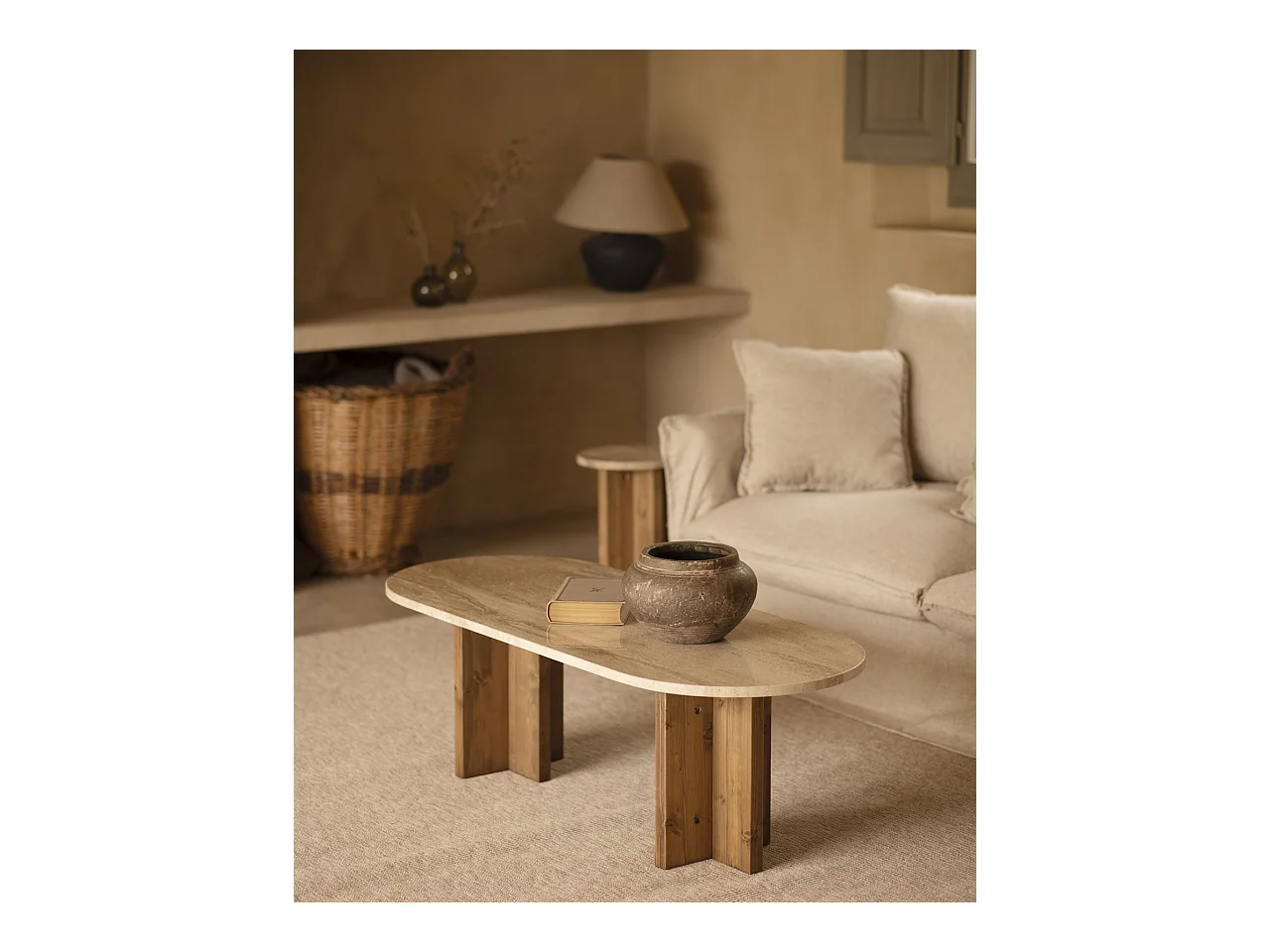 Mesa de centro de mármol daino reale y patas de madera maciza DECOWOOD de 120x50cm - TOSCANA - DECOWOOD