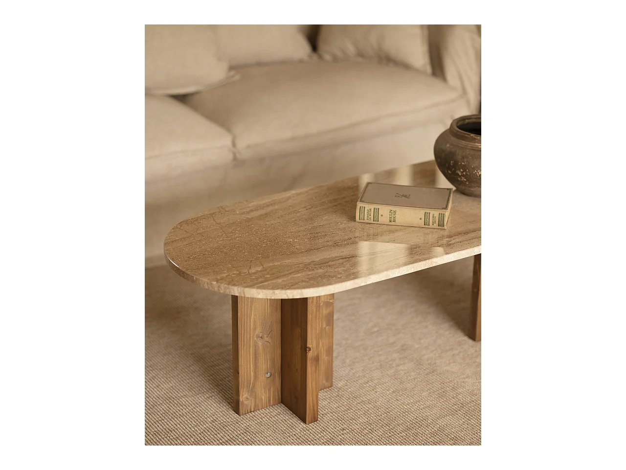 Mesa de centro de mármol daino reale y patas de madera maciza DECOWOOD de 120x50cm - TOSCANA - DECOWOOD