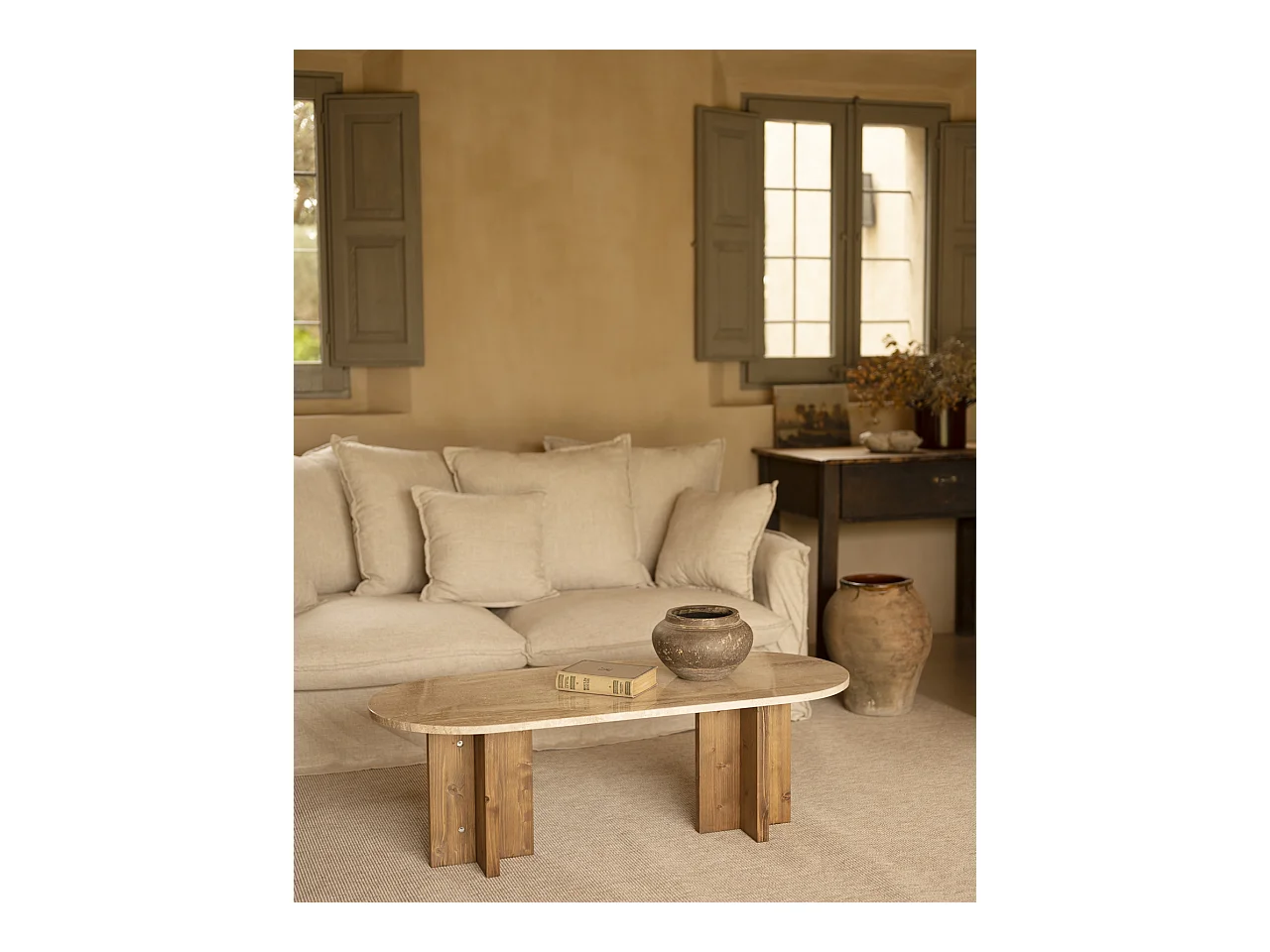 Mesa de centro de mármol daino reale y patas de madera maciza DECOWOOD de 120x50cm - TOSCANA - DECOWOOD