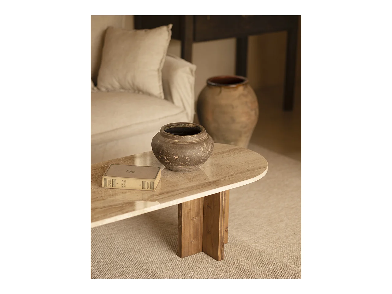 Mesa de centro de mármol daino reale y patas de madera maciza DECOWOOD de 120x50cm - TOSCANA - DECOWOOD