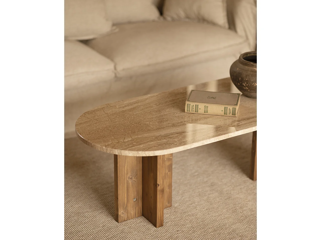 Mesa de centro de mármol daino reale y patas de madera maciza DECOWOOD de 120x50cm - TOSCANA - DECOWOOD