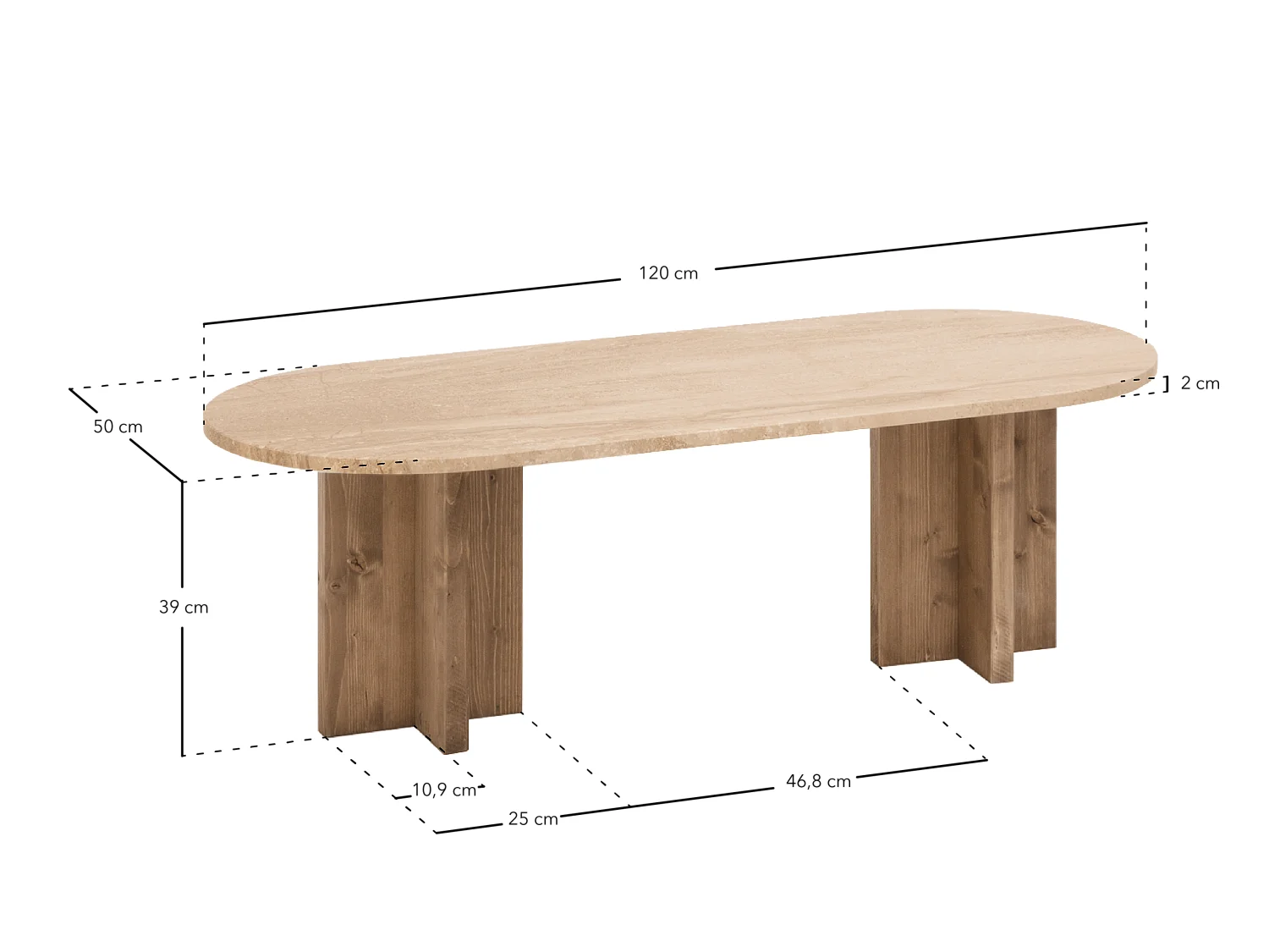 Mesa de centro de mármol daino reale y patas de madera maciza DECOWOOD de 120x50cm - TOSCANA - DECOWOOD