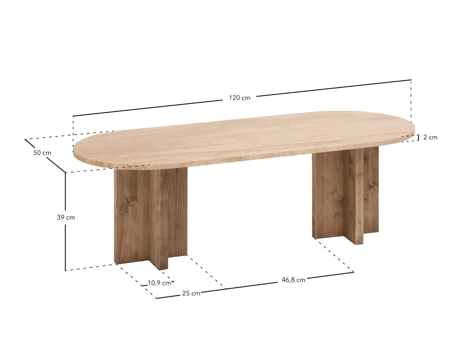Mesa de centro de mármol daino reale y patas de madera maciza DECOWOOD de 120x50cm - TOSCANA - DECOWOOD