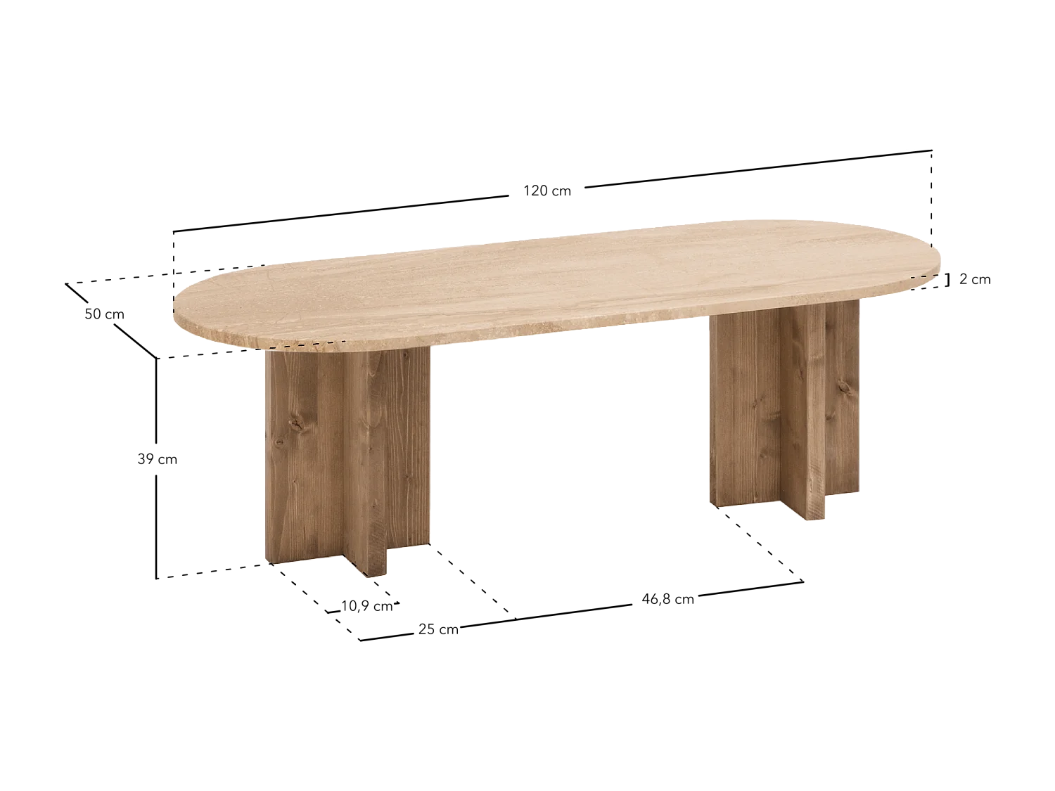 Tavolo ovale in marmo daino reale con gambe in legno massello 120x50cm