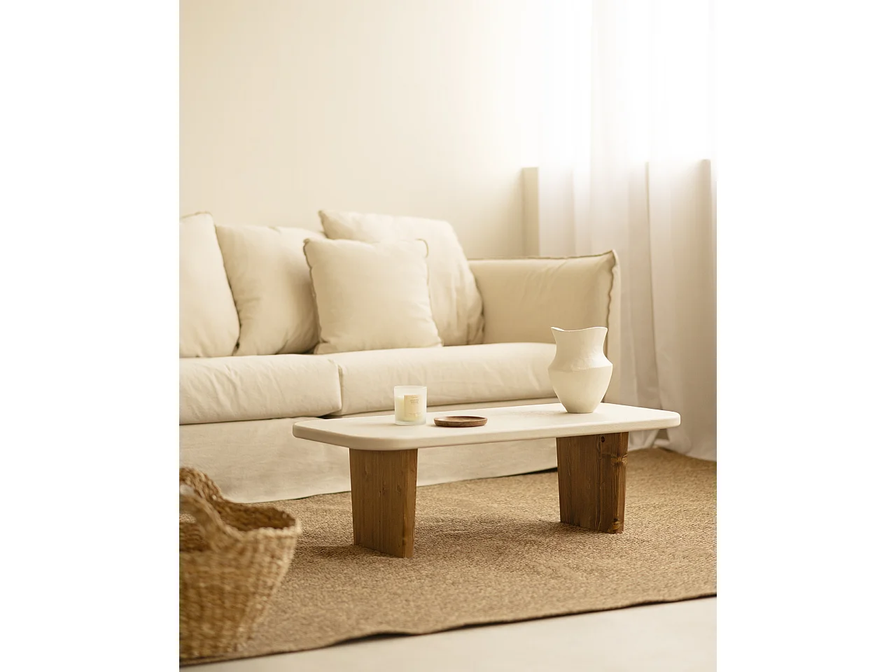 Tavolo basso in microcemento in tono bianco rotto e marrone 95x30cm - BIMBA - DECOWOOD