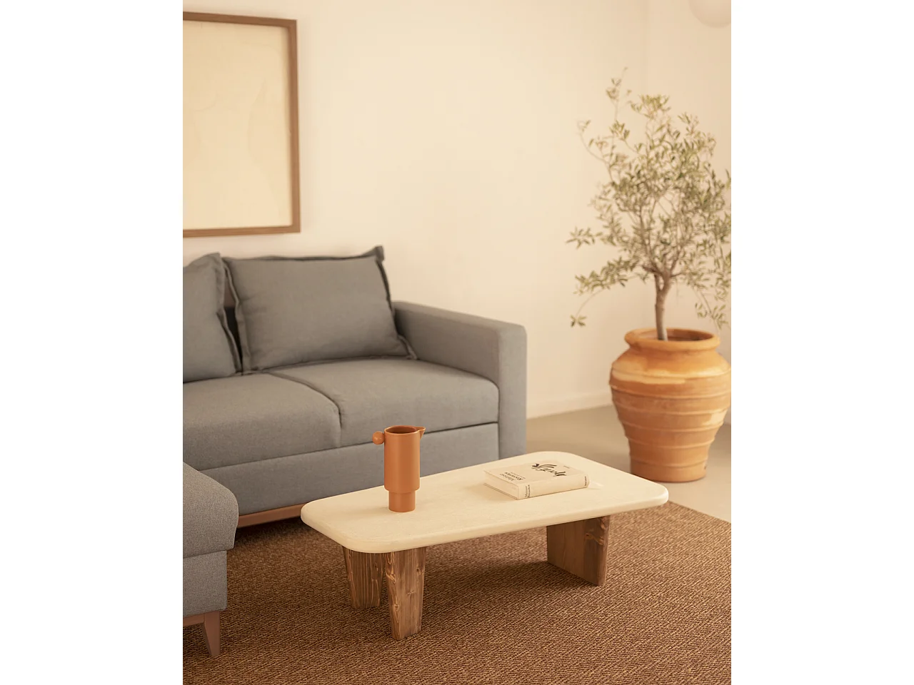 Tavolo basso in microcemento in tono bianco rotto e marrone 100x30cm - BIMBA - DECOWOOD