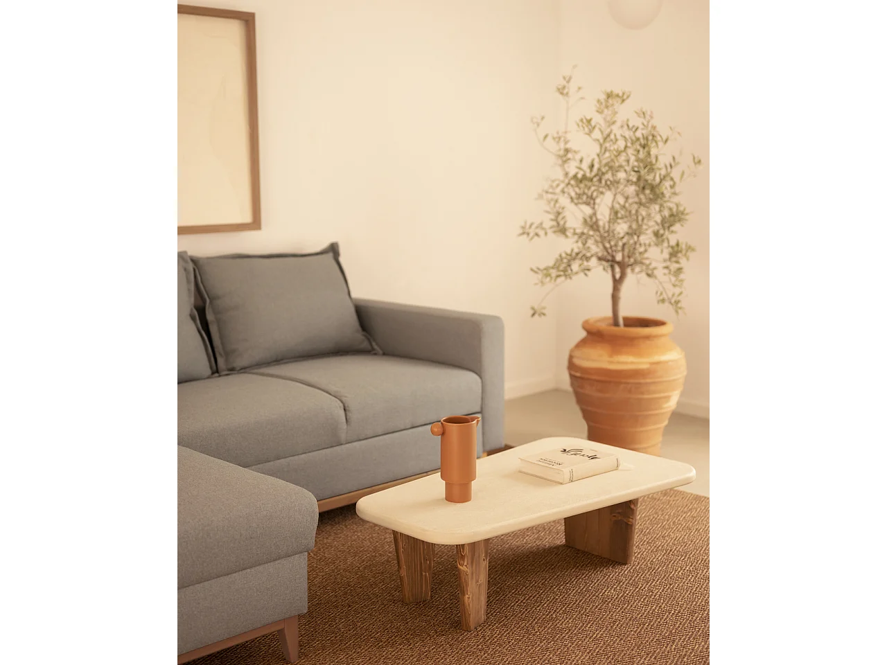 Tavolo basso in microcemento in tono bianco rotto e marrone 100x30cm - BIMBA - DECOWOOD