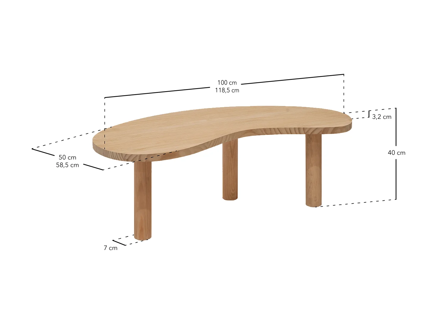 Mesa de centro de madera maciza de forma orgánica Decowood con tres patas en color roble oscuro de 100x40cm - GINA - DECOWOOD