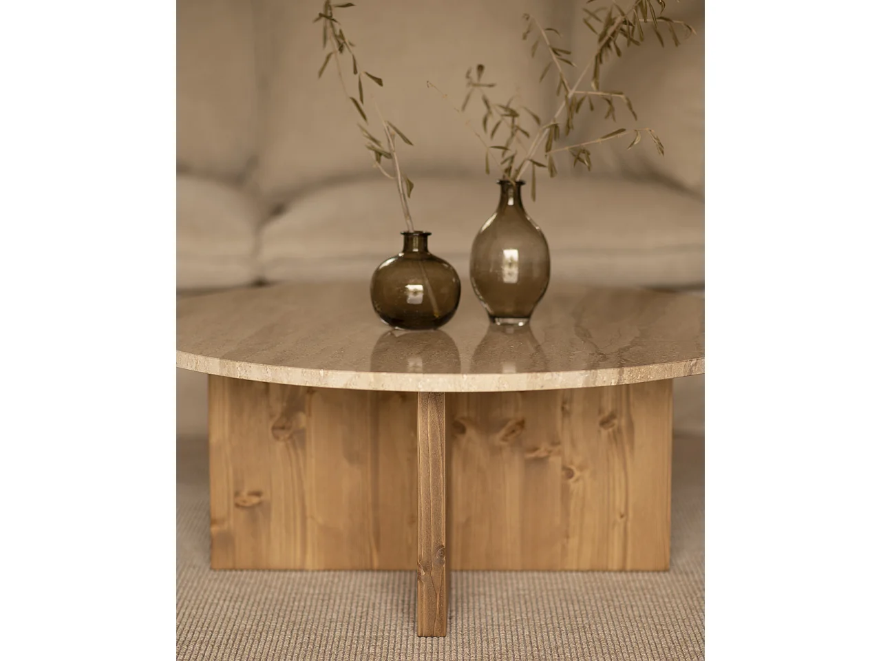 Mesa de centro redonda de mármol daino reale y patas de madera maciza DECOWOOD de Ø80x33,2cm - TOSCANA - DECOWOOD