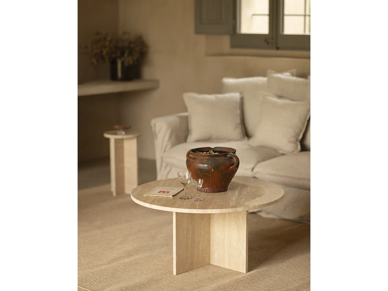 Mesa de centro redonda de mármol travertino DECOWOOD de Ø80x33,2cm - TOSCANA - DECOWOOD