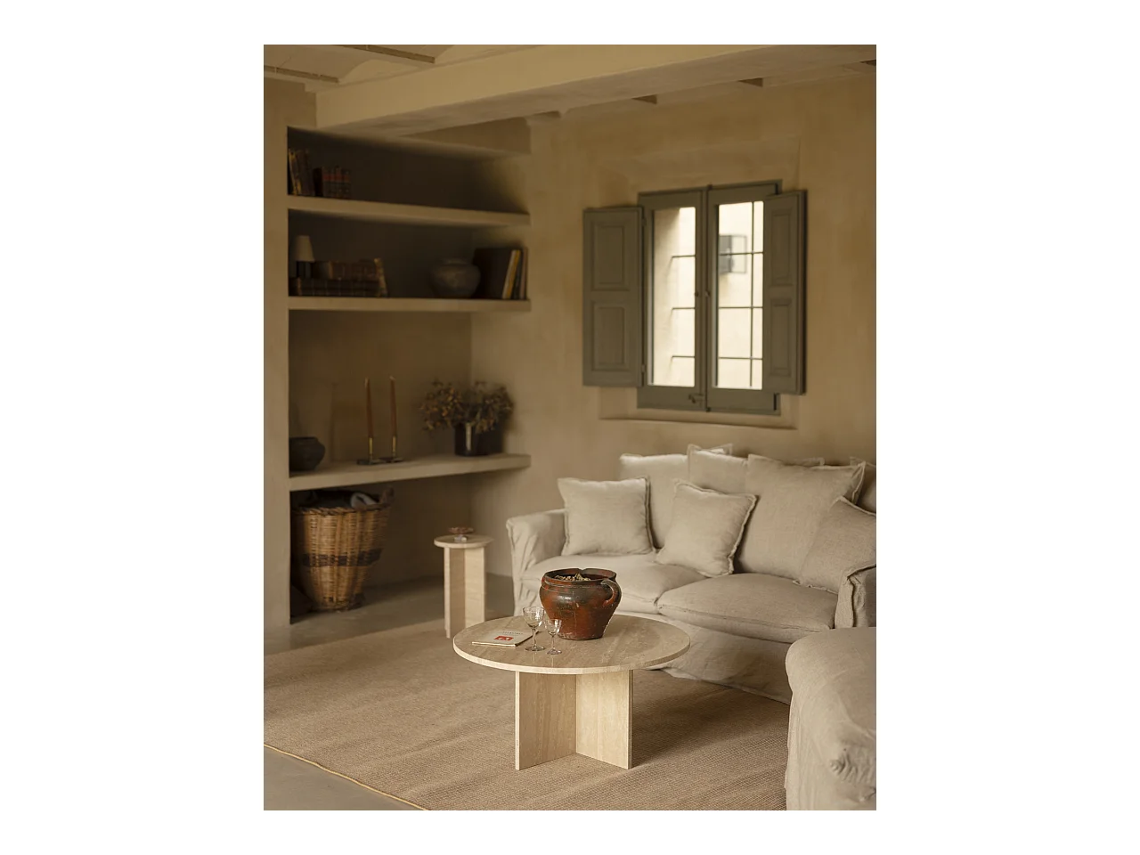 Mesa de centro redonda de mármol travertino DECOWOOD de Ø80x33,2cm - TOSCANA - DECOWOOD