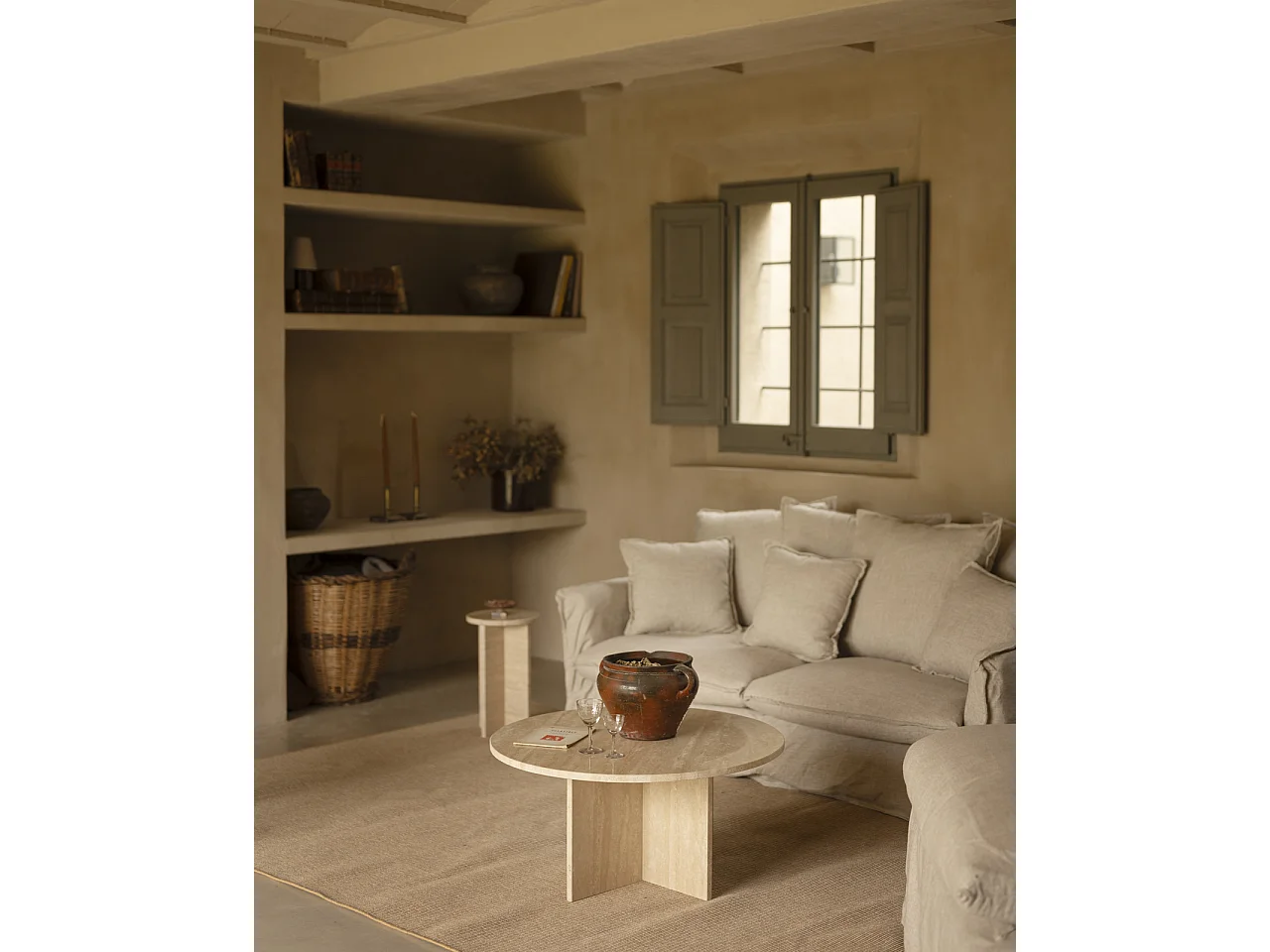 Mesa de centro redonda de mármol travertino DECOWOOD de Ø80x33,2cm - TOSCANA - DECOWOOD