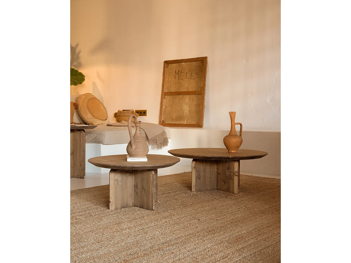 Tavolino basso rotondo in legno massello in tono marrone Ø60x30cm - BLOOM - DECOWOOD