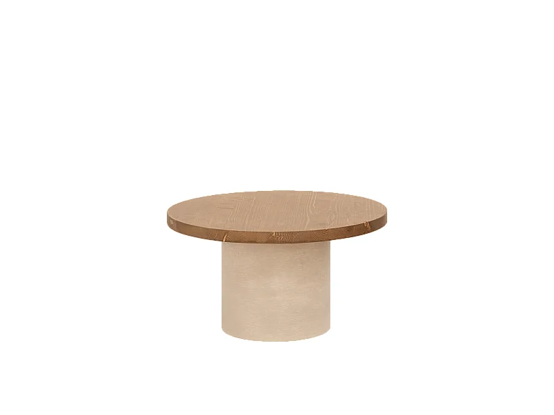 Mesa de centro redonda de madera maciza tono roble oscuro y pata de microcemento tono tierra DECOWOOD de Ø60x30cm - LUCÍA - DECOWOOD