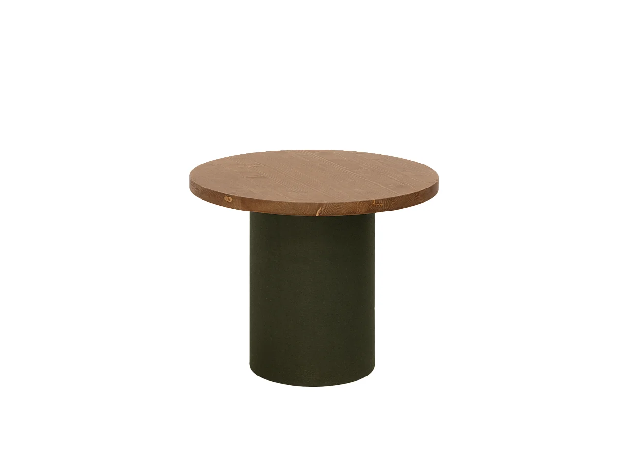 Mesa de centro redonda de madera maciza tono roble oscuro y pata de microcemento tono verde DECOWOOD de Ø60x45cm - LUCÍA - DECOWOOD