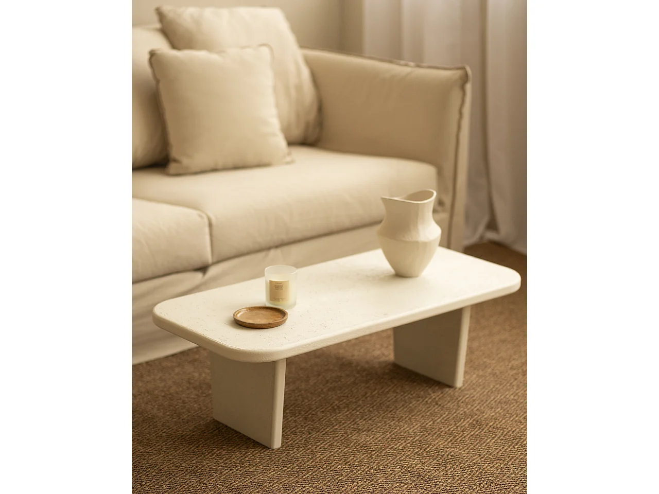 Table basse en microciment avec deux pieds blanc cassé 95x30cm - BIMBA - DECOWOOD