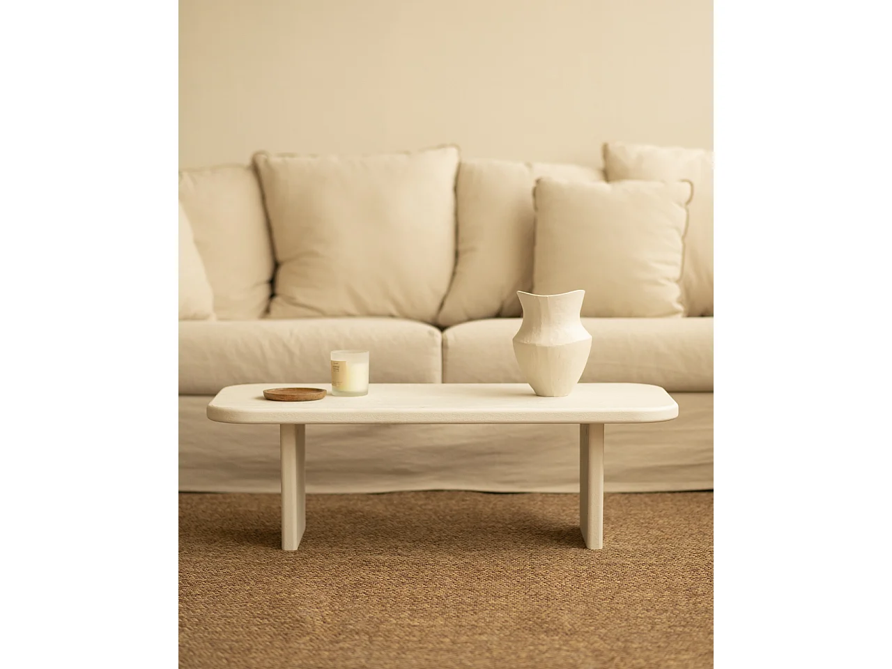 Table basse en microciment avec deux pieds blanc cassé 95x30cm - BIMBA - DECOWOOD