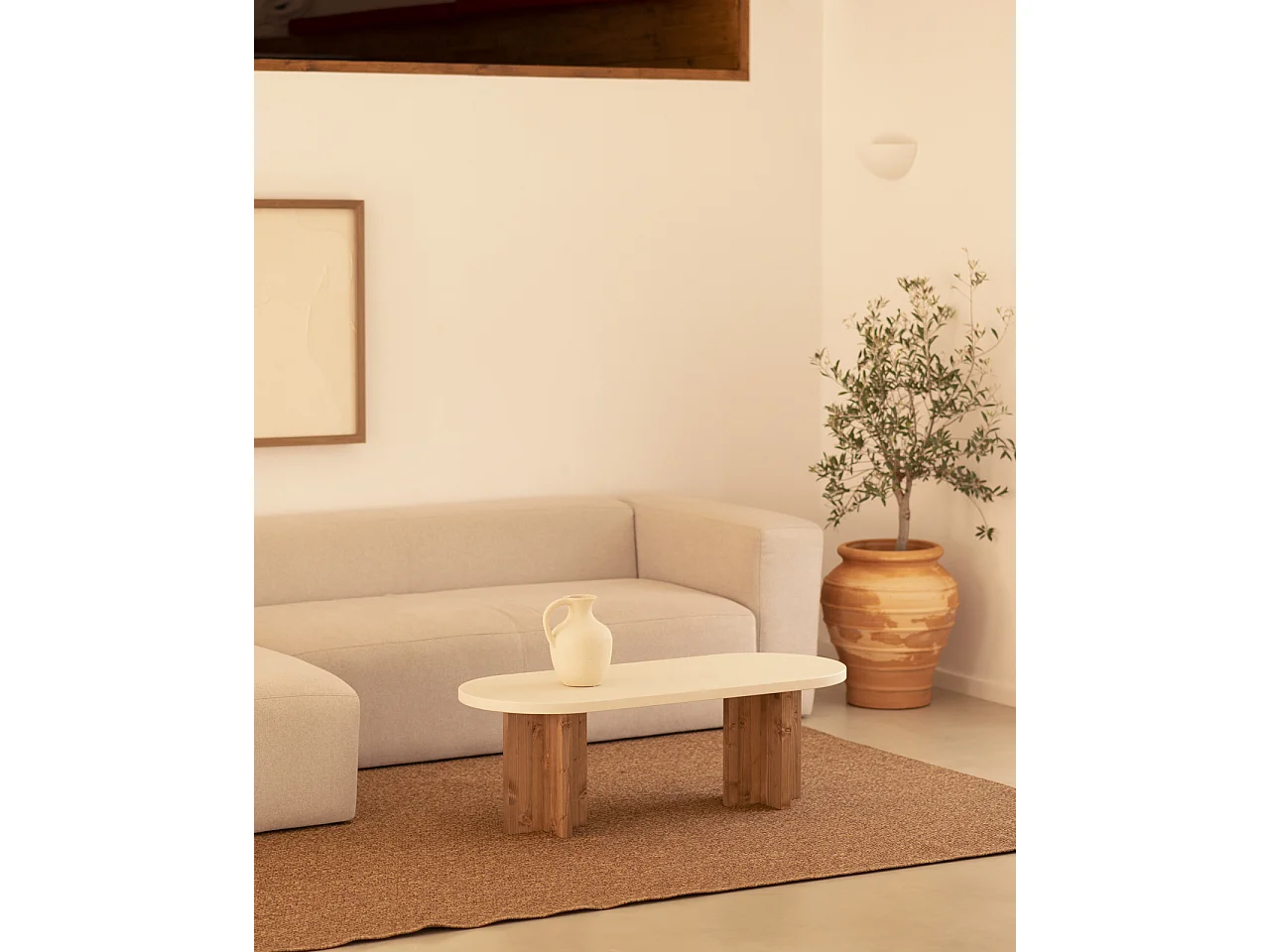 Tavolo basso ovale in microcemento in tono bianco e marrone 120x40cm - TOKYO - DECOWOOD