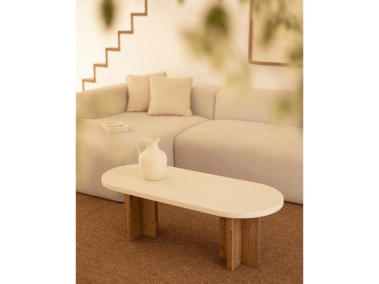 Tavolo basso ovale in microcemento in tono bianco e marrone 120x40cm - TOKYO - DECOWOOD