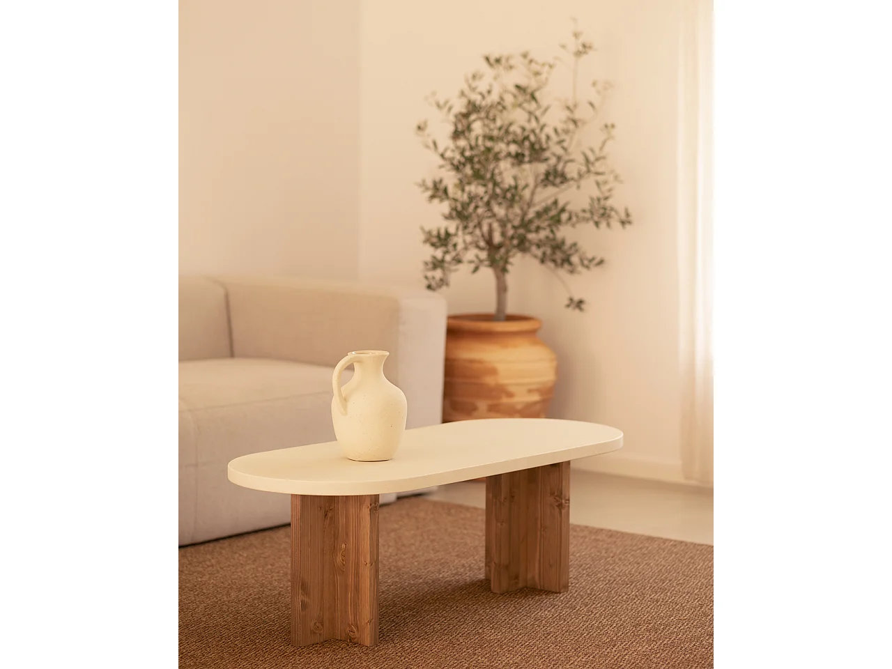 Tavolo basso ovale in microcemento in tono bianco e marrone 120x40cm - TOKYO - DECOWOOD