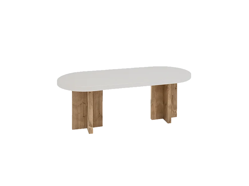 Mesa de centro ovalada de microcemento Decowood color blanco roto y patas de madera en color roble oscuro de 120x40cm - TOKYO - DECOWOOD