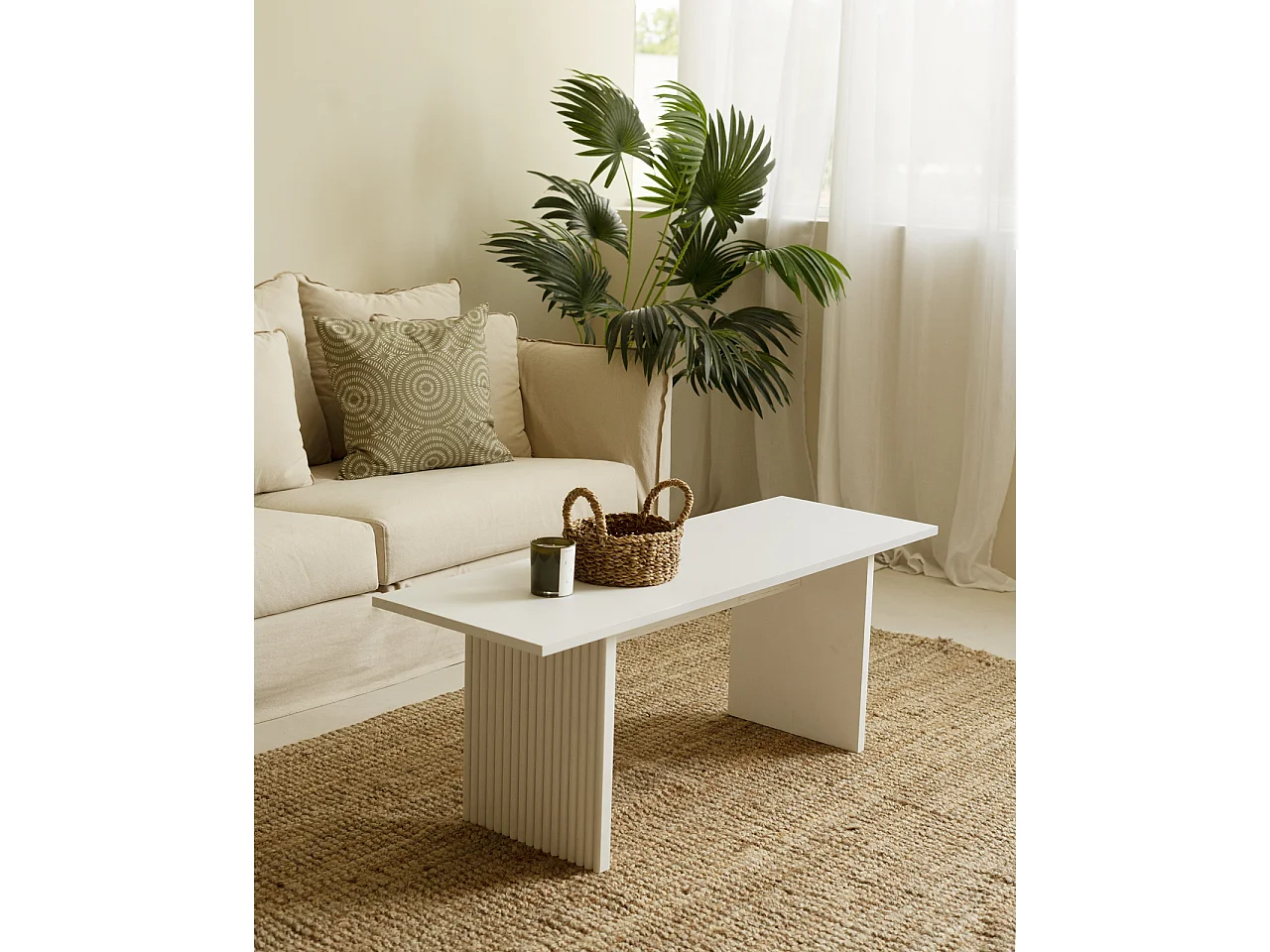 Tavolo basso rettangolare in legno massello in tono bianco 120x45cm - BALI - DECOWOOD