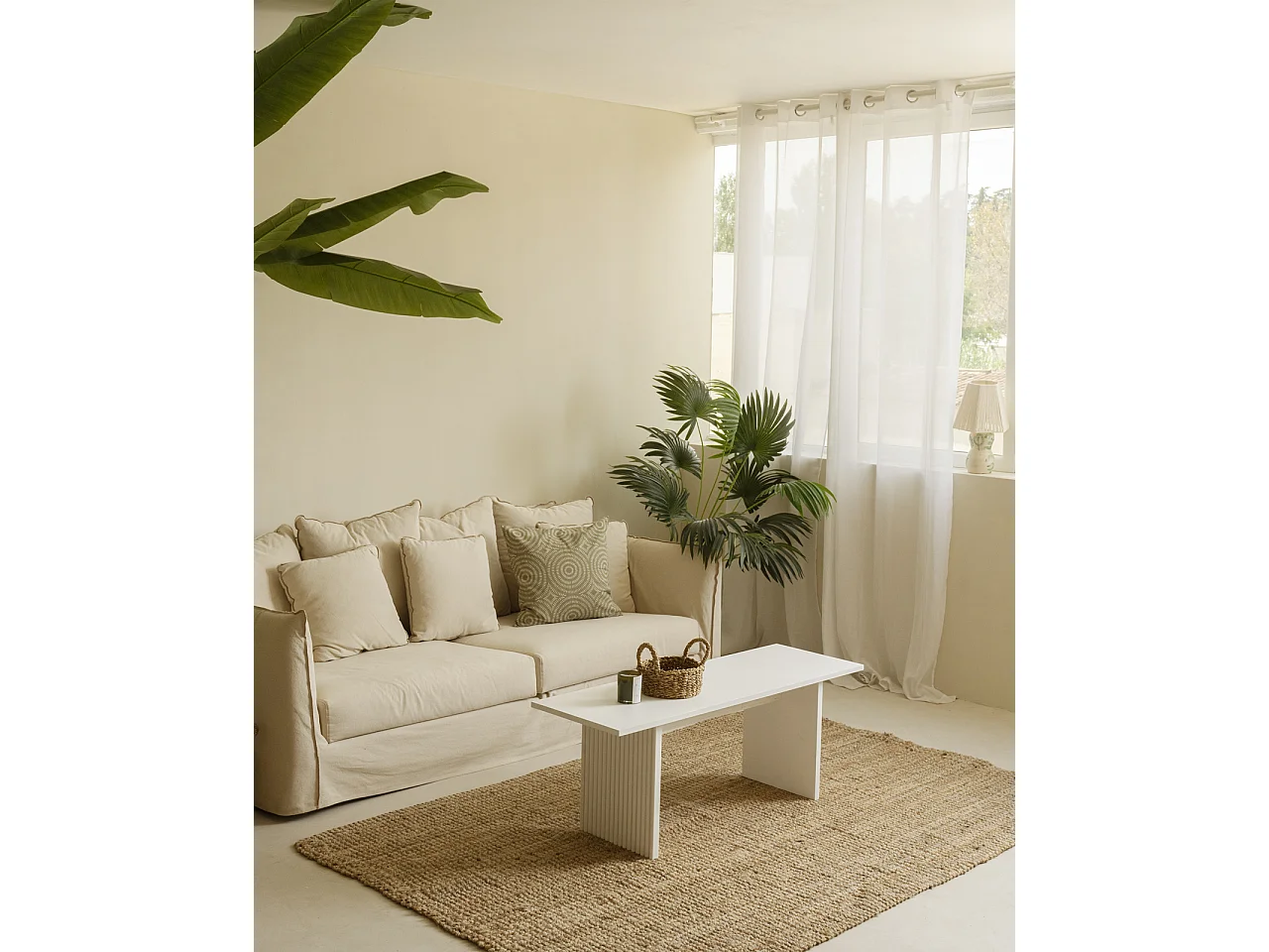 Mesa de centro rectangular de madera de pino con patas ranuradas Decowood en color blanco de 120x45cm - BALI - DECOWOOD