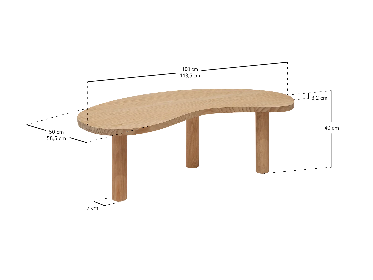 Mesa de centro de madera maciza de forma orgánica Decowood con tres patas en color blanco y sobre de mesa en color natural de 100x40cm - GINA - DECOWOOD