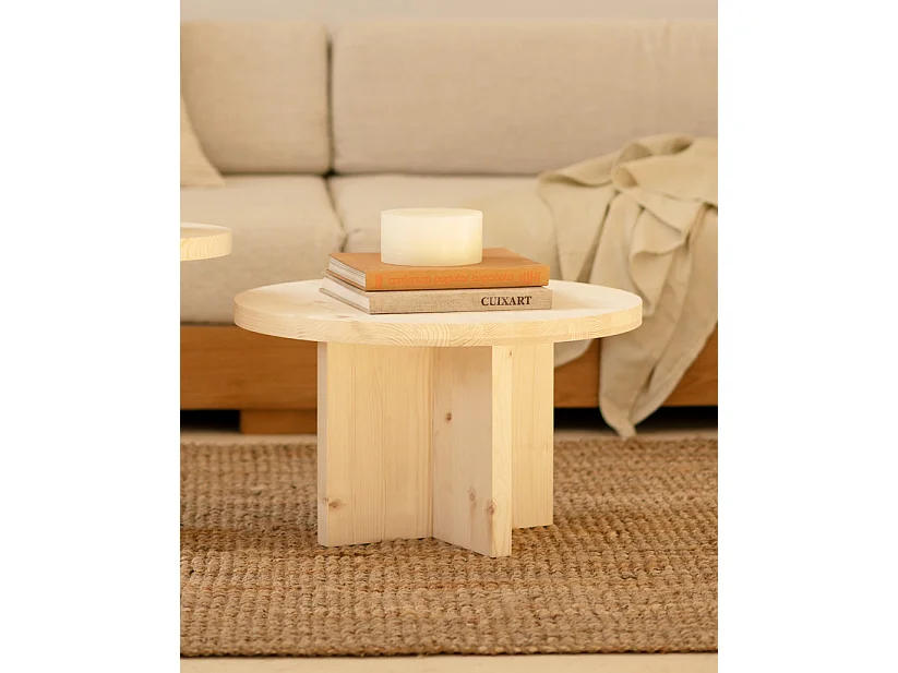 Kit de 2 mesas de centro redondas de madera de abeto Decowood en color natural de Ø60cm - TOKYO y Ø80cm - TOKYO - DECOWOOD