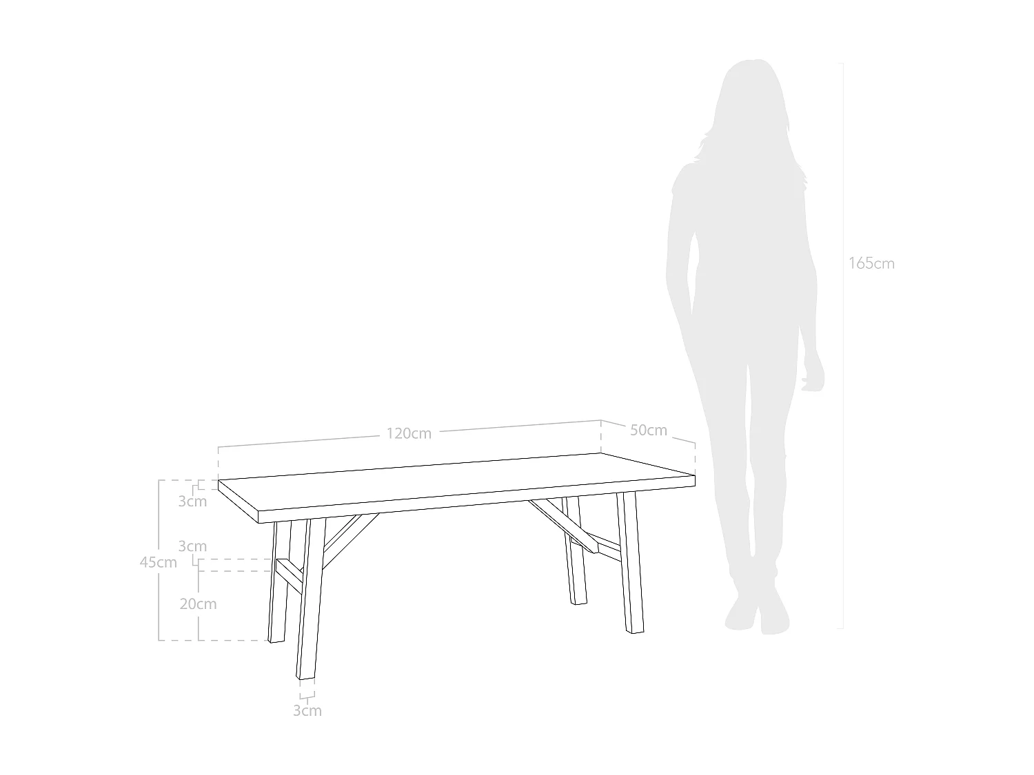 Tavolo basso rettangolare in legno massello in tono bianco 120x45cm - SIEP - DECOWOOD