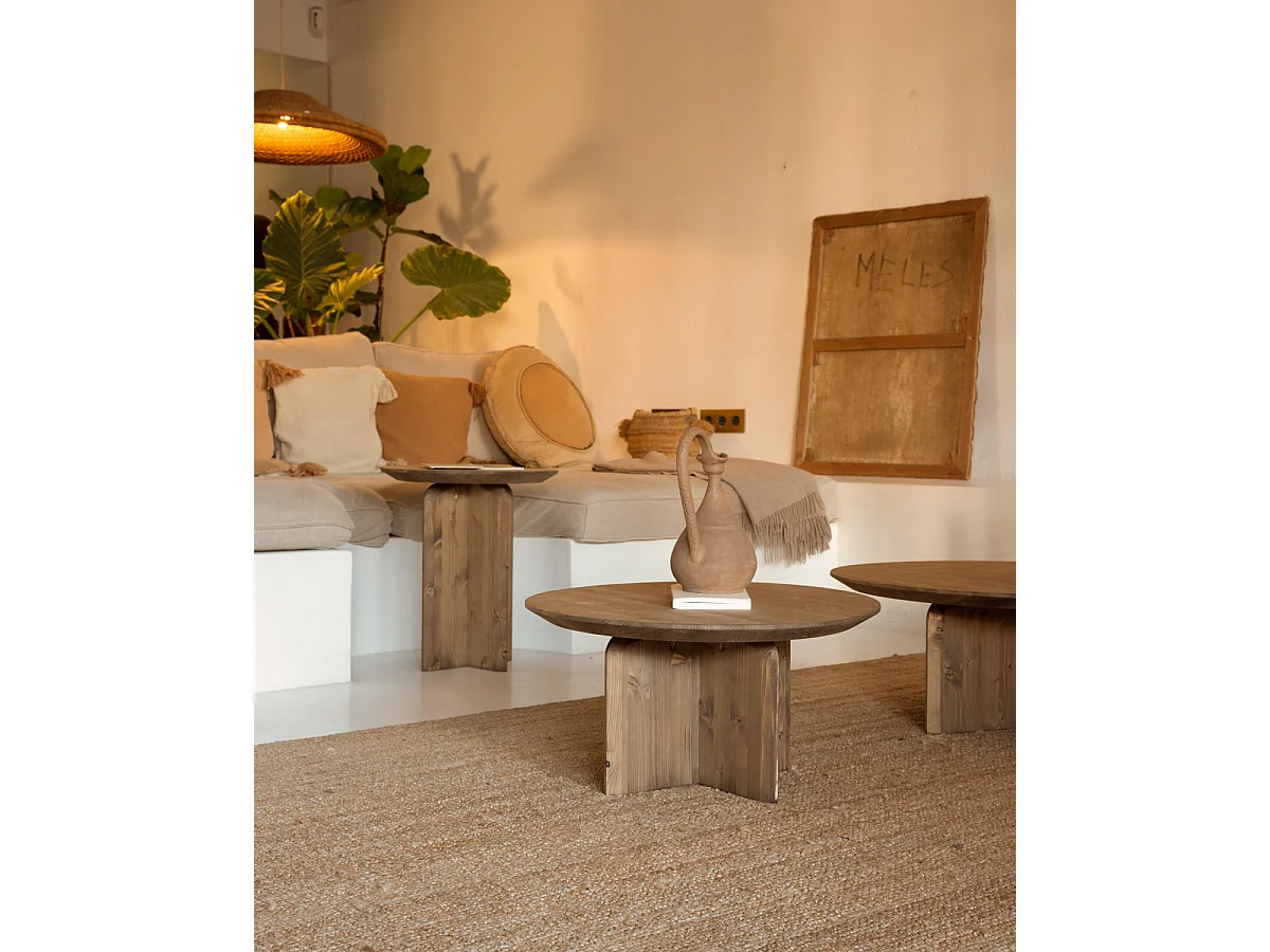 Tavolino basso rotondo in legno massello in tono marrone Ø80x30,2cm - BLOOM - DECOWOOD