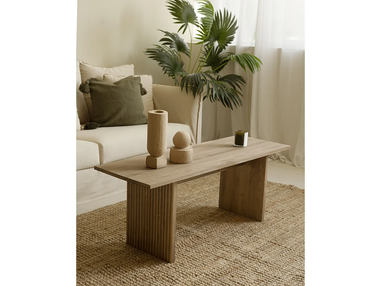 Mesa de centro rectangular de madera de pino con patas ranuradas Decowood en color roble oscuro de 120x45cm - BALI - DECOWOOD