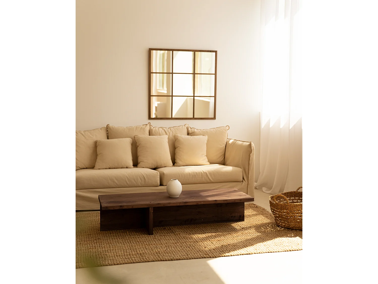 Mesa de centro rectangular de madera de abeto en color nogal 123,5x27cm - SAM - DECOWOOD