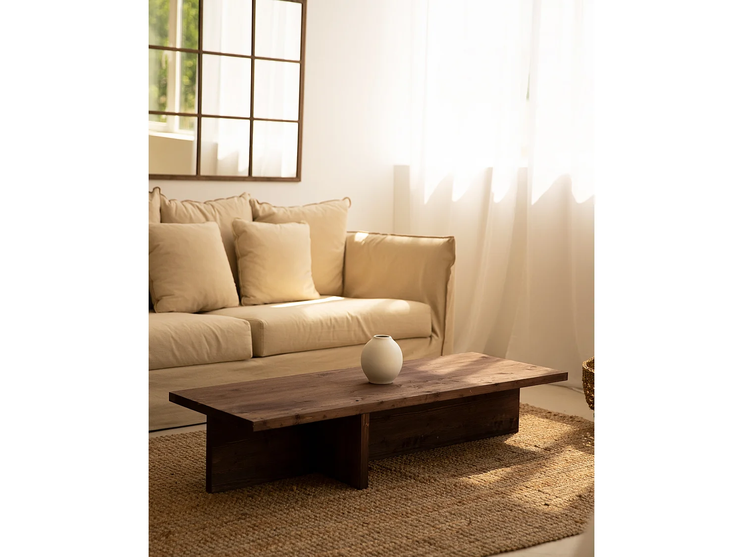 Mesa de centro rectangular de madera de abeto en color nogal 123,5x27cm - SAM - DECOWOOD