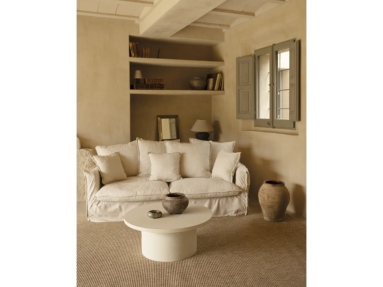 Mesa de centro redonda de microcemento en tono blanco roto DECOWOOD de Ø80x30cm - LUCÍA - DECOWOOD