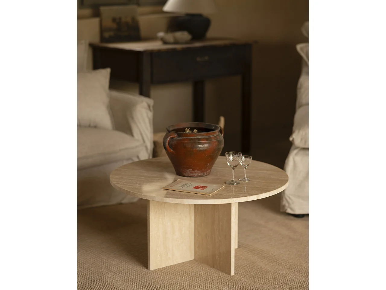 Mesa de centro redonda de mármol travertino DECOWOOD de Ø60x40cm - TOSCANA - DECOWOOD