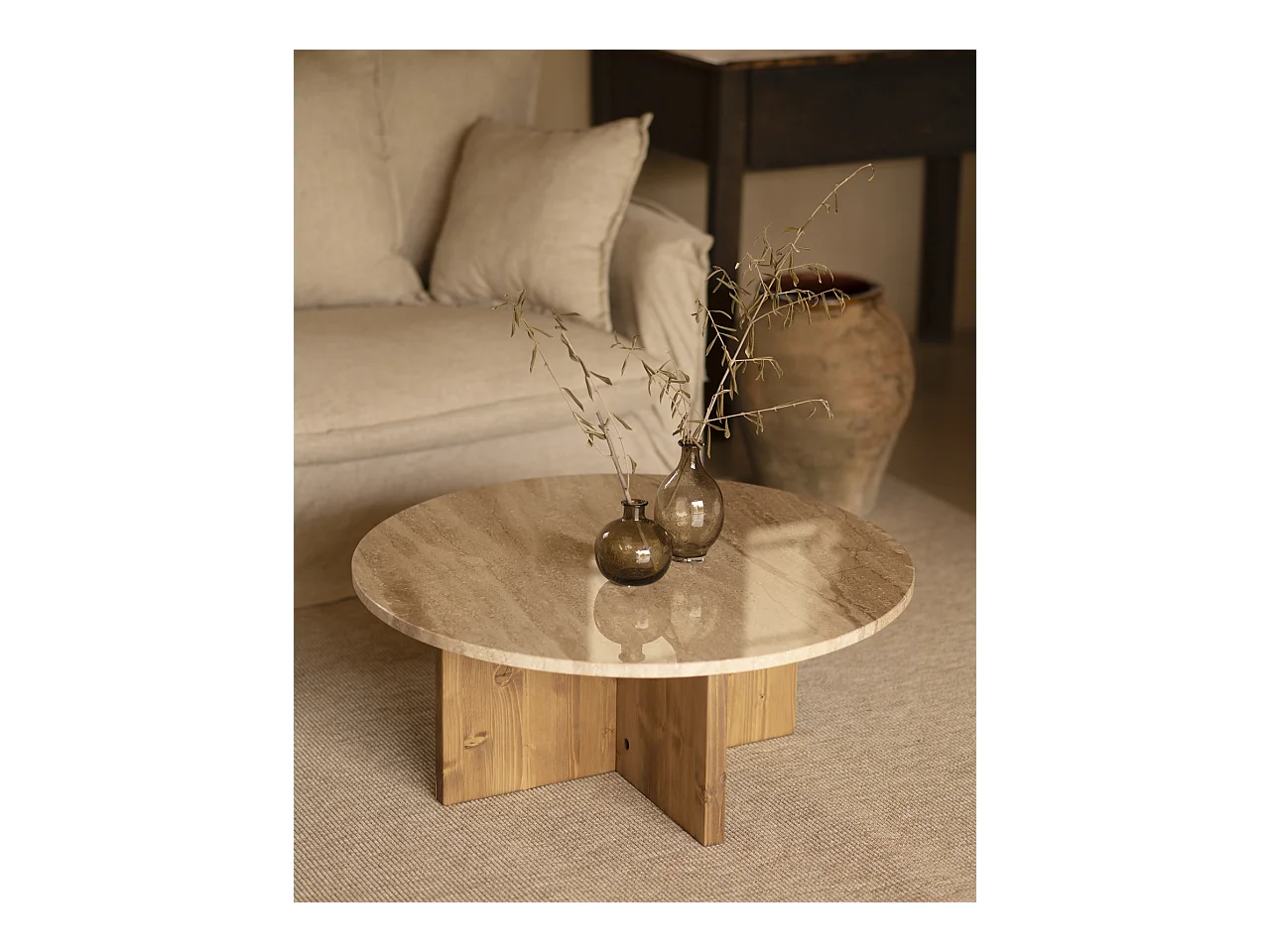 Table basse ronde en marbre daino reale avec pieds en bois massif Ø60cm - TOSCANA - DECOWOOD
