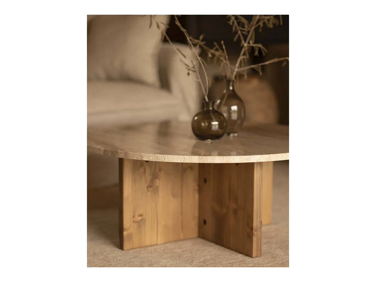 Table basse ronde en marbre daino reale avec pieds en bois massif Ø60cm - TOSCANA - DECOWOOD