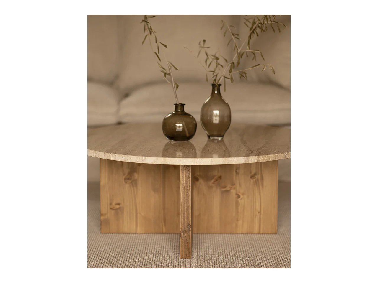 Table basse ronde en marbre daino reale avec pieds en bois massif Ø60cm - TOSCANA - DECOWOOD