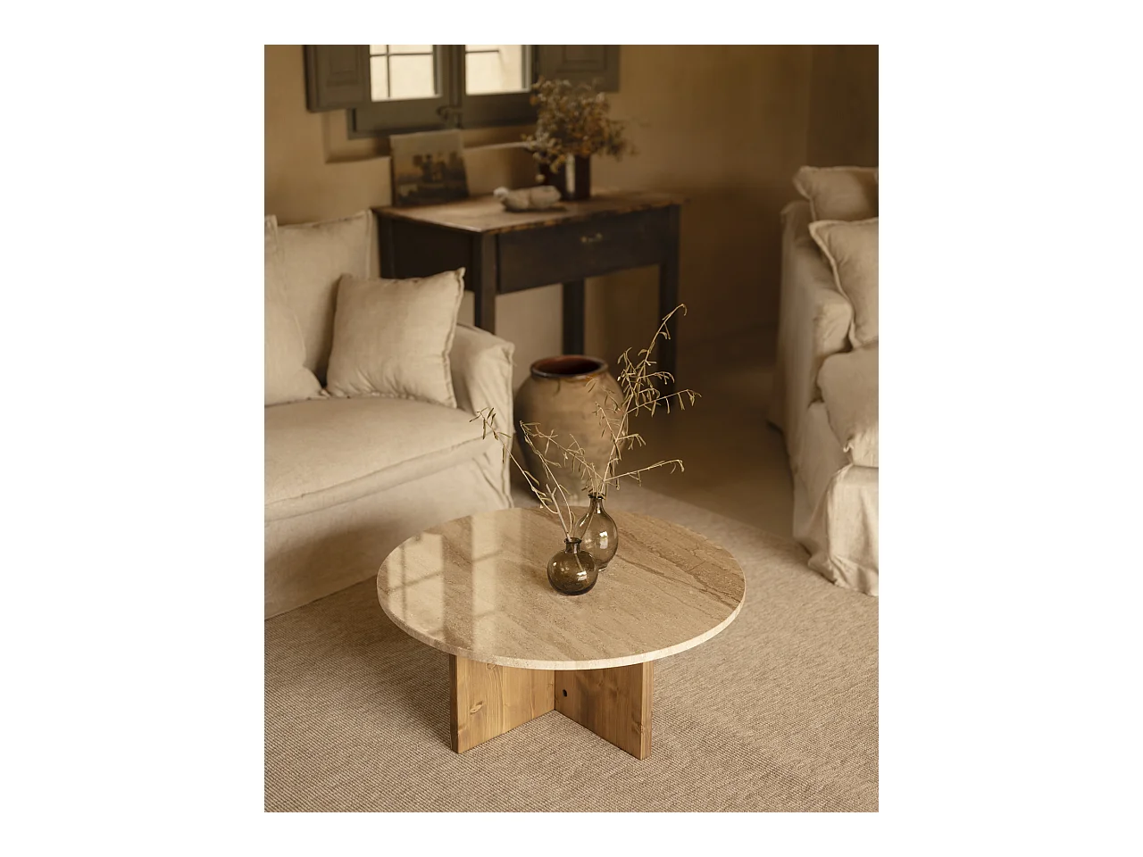 Mesa de centro redonda de mármol daino reale y patas de madera maciza DECOWOOD de Ø60x40cm - TOSCANA - DECOWOOD