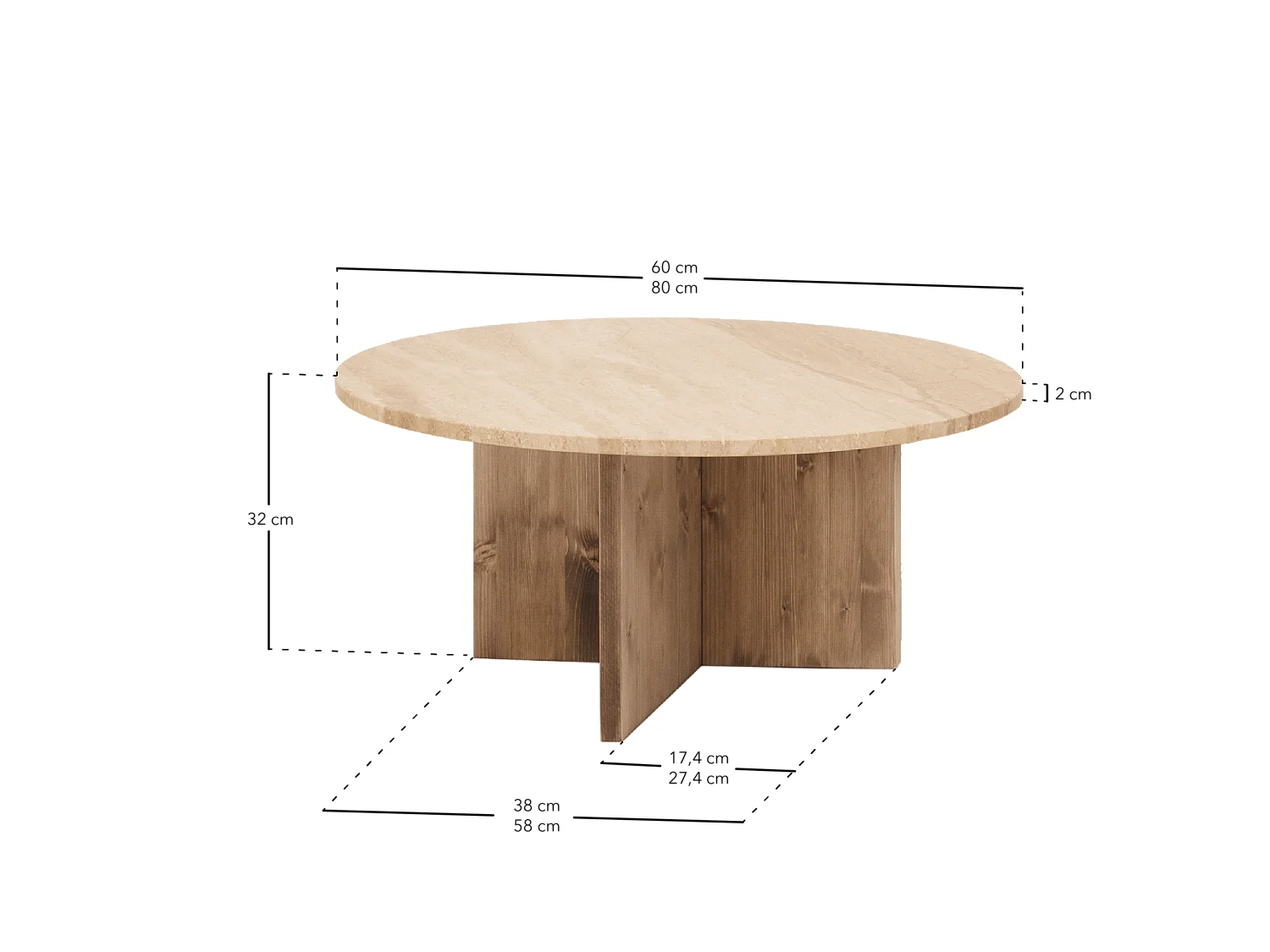 Mesa de centro redonda de mármol daino reale y patas de madera maciza DECOWOOD de Ø60x40cm - TOSCANA - DECOWOOD